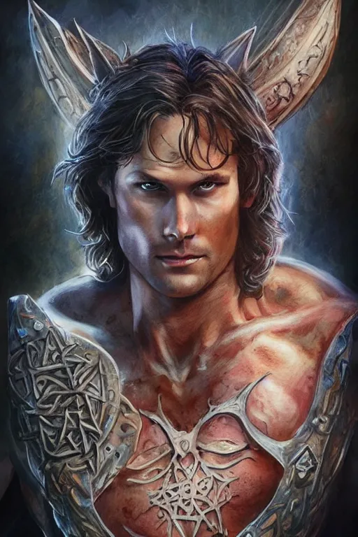 Image similar to front portrait of attractive sam winchester as a druid warrior, clothes torn apart, muscular chest tattooed with runes and symbols, d & d!, fantasy style, sharp focus!, ultra detailed, art by artgerm and peter andrew jones, wlop