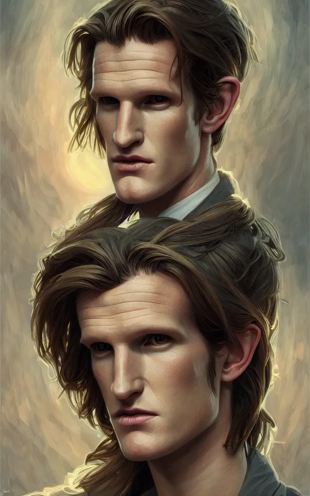 Prompt: symmetry portrait of matt smith, intricate, elegant, highly detailed, digital painting, artstation, concept art, smooth, sharp focus, illustration, art by artgerm and greg rutkowski and alphonse mucha