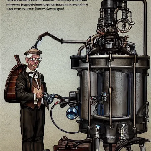 Image similar to A random pointless contraption ((steampunk)) industrial appliance pneumatic machine with no apparent purpose, being operated by a scholarly looking man with a clear directed gaze, artwork by Steve Henderson