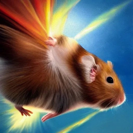 Prompt: a hyper realistic oil painting of a hamster dressed as a superhero and flying through the sky