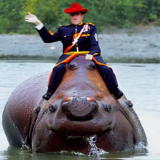 Prompt: photograph of a canadian mountie riding a giant hippo