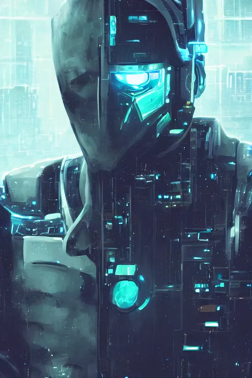 Prompt: a digital painting of a man with a robot suit on, cyberpunk art by Constant, featured on polycount, computer art, glitchy, biomorphic, greeble