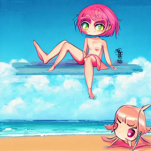 Image similar to chibi anime character, chilling on the beach, lofi colors, digital painting, super detailed