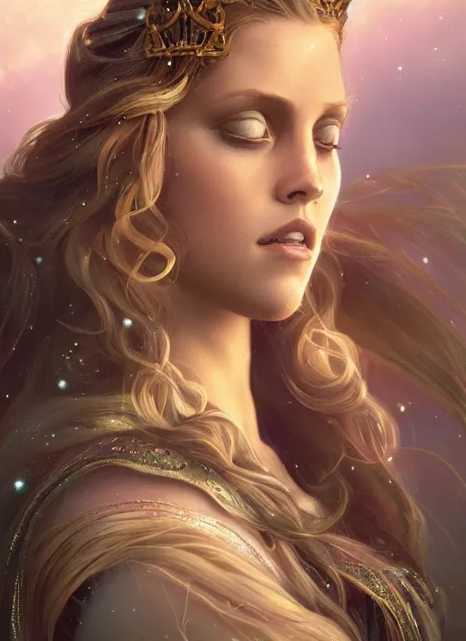 Prompt: beautiful young happy teresa palmer as the aurora princess, closeup, d & d, fantasy, intricate, elegant, highly detailed, digital painting, artstation, concept art, matte, sharp focus, illustration, art by artgerm and greg rutkowski and alphonse mucha