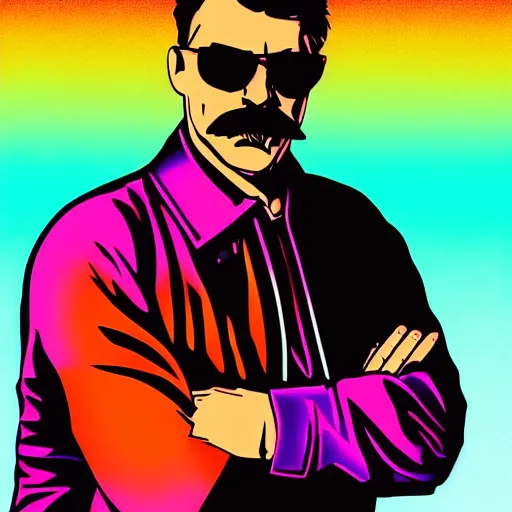 Image similar to portrait of tom selleck with light blue shutter shades in front of a sunset, a dark purple leather jacket, vector art by jan tengnagel, pixabay contest winner, retrofuturism, retrowave, synthwave, outrun