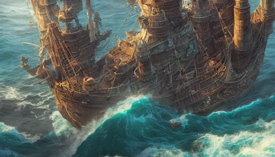 Image similar to A highly detailed matte painting of huge pirate ship castle by Studio Ghibli, Makoto Shinkai, by Artgerm, by beeple, by Greg Rutkowski, volumetric lighting, octane render, 4K resolution, trending on artstation, masterpiece