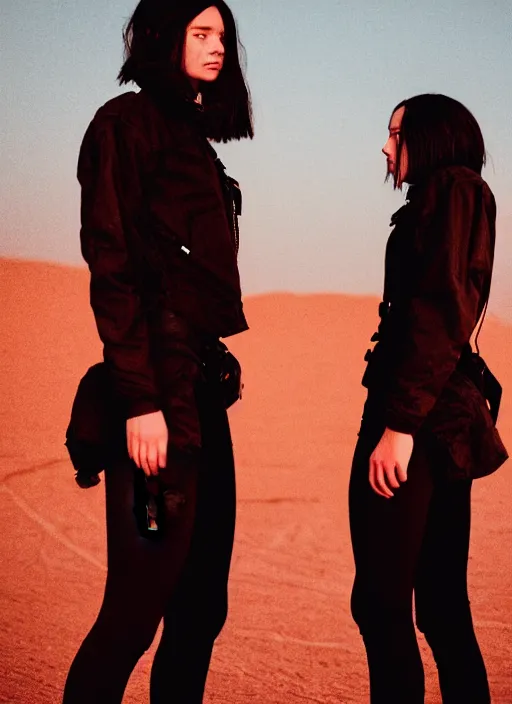 Image similar to cinestill 5 0 d photographic portrait of two loving female androids wearing rugged black techwear on a desolate plain with a red sky, standing in front of a brutalist structure, extreme closeup, cyberpunk style, dust storm, 8 k, hd, high resolution, 3 5 mm, f / 3 2, ultra realistic faces, ex machina