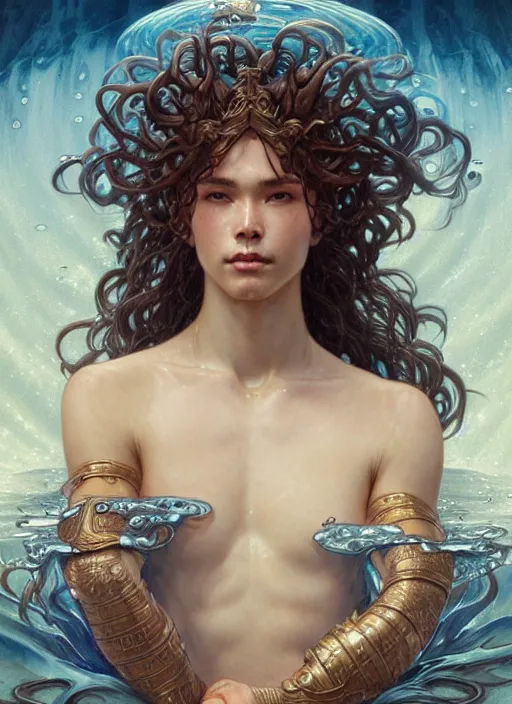 Image similar to a god of water, with hands and hair turning into water, fantasy, intricate, elegant, highly detailed, digital painting, artstation, concept art, wallpaper, smooth, sharp focus, illustration, art by artgerm and greg rutkowski and alphonse mucha