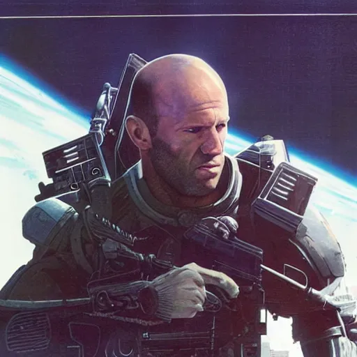 Image similar to jason statham as sci - fi bounty hunter, chris foss, john harris, beeple, wayne barlowe