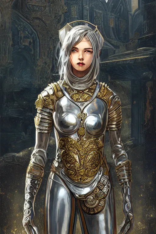 Image similar to portrait knights of Zodiac girl, metallic Silver and ice color reflected armor, in ruined Agora of Athens, ssci-fi, fantasy, intricate, very very beautiful, elegant, golden light, highly detailed, digital painting, artstation, concept art, smooth, sharp focus, illustration, art by WLOP and tian zi and alphonse mucha