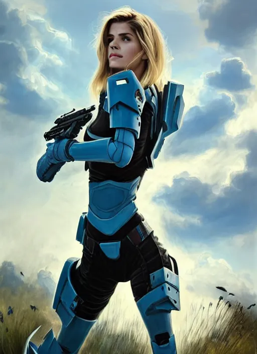 Image similar to portrait of a combination of Ashley Greene, Katheryn Winnick, Victoria Justice and Adriana Dxim, Grace Kelly, and Emma Watson with blue hair wearing Forerunner Armor from Halo, countryside, calm, fantasy character portrait, dynamic pose, above view, sunny day, thunder clouds in the sky, artwork by Jeremy Lipkin and Giuseppe Dangelico Pino and Michael Garmash and Rob Rey and Greg Manchess and Huang Guangjian, very coherent asymmetrical artwork, sharp edges, perfect face, simple form, 100mm