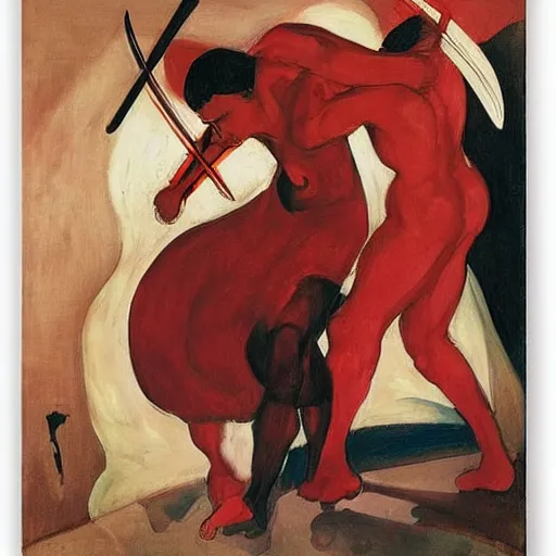 Image similar to by frank miller, by zinaida serebriakova maroon soothing. a performance art of two people, one a demon & the other a human, fighting each other with swords.