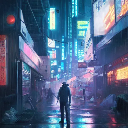 Image similar to man taking out trash near the crowded street of a cyberpunk city, rain, harsh neon lights, highly detailed, digital painting, trending on artstation, concept art, sharp focus, illustration, art by artgerm and greg rutkowski and magali villeneuve