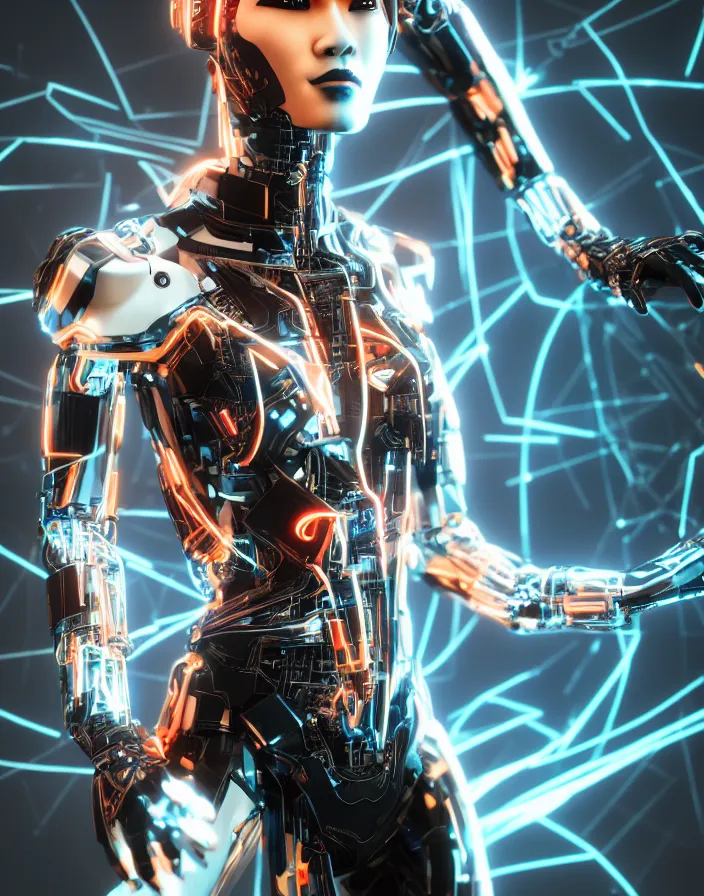 Image similar to full body portrait photo of japanese model cyborg with digital led skin, neon lighting, techno neon projector background, portrait photo, intricate details, ultra realistic, unreal engine 5, depth of field, bokeh, octane render, 8 k hd