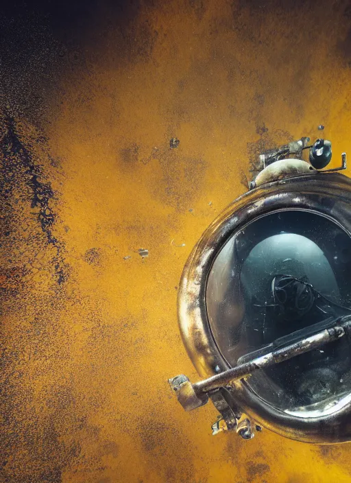 Image similar to a photorealistic dramatic hyperrealistic underwater render of an deep sea submersible, ultra realistic details, glossy yellow, well worn, rust, oil stains by vitaly bulgarov and mike nash, beautiful dramatic dark moody tones and lighting, cinematic atmosphere, global illumination, shadows, dark background, octane render, 8 k