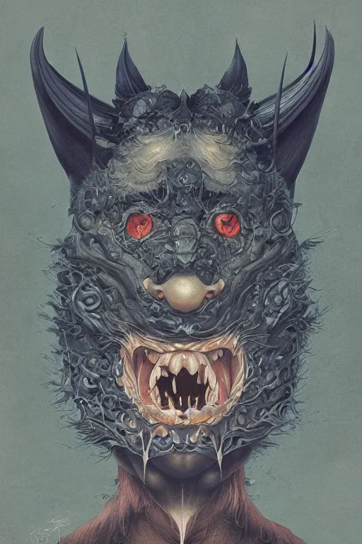 Image similar to a portrait of a symmetrical japanese devil animal illustrated by miyazaki by karol bak, james jean, tom bagshaw, rococo, sharp focus, trending on artstation, cinematic lighting, hyper realism, octane render, 8 k, hyper detailed, vivid, ultra detailed, highly detailed