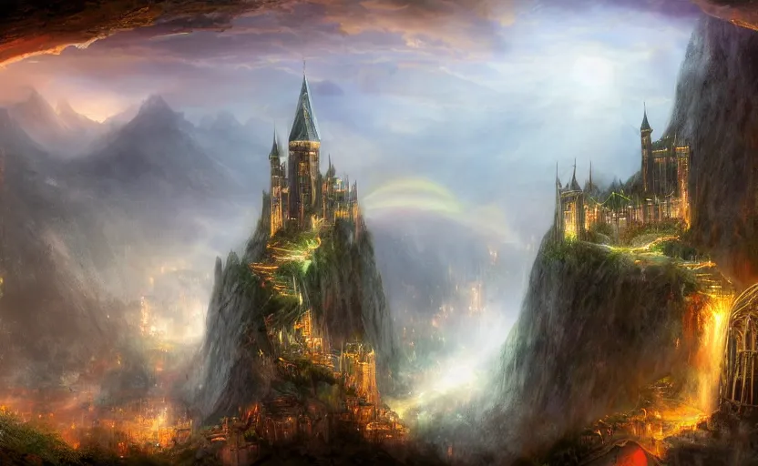 Prompt: beautiful secret city of the elves gondolin on top of a mountain, magical gloomy mystical, under attack. by konstantin razumov, fractal flame, chiaroscuro, highly detailded, mech robot