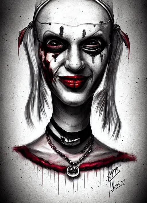 Image similar to surrealism grunge cartoon portrait sketch of harley quinn, by michael karcz, loony toons style, freddy krueger style, horror theme, detailed, elegant, intricate