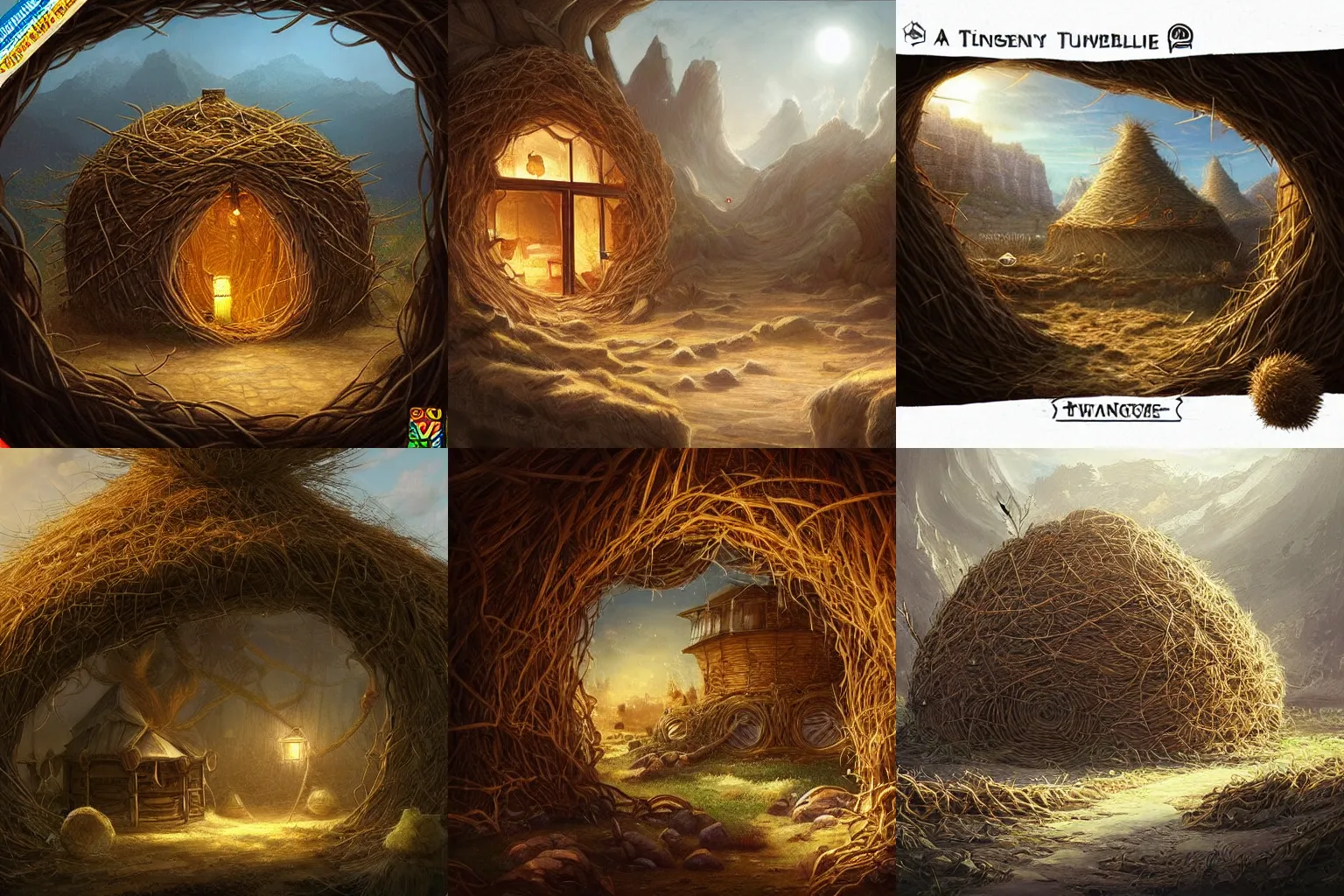 Prompt: “a tavern built inside a giant tumbleweed, light in the windows, fantsy landscape, Magic the Gathering art, highly detailed, award winning, trending on Art Station”