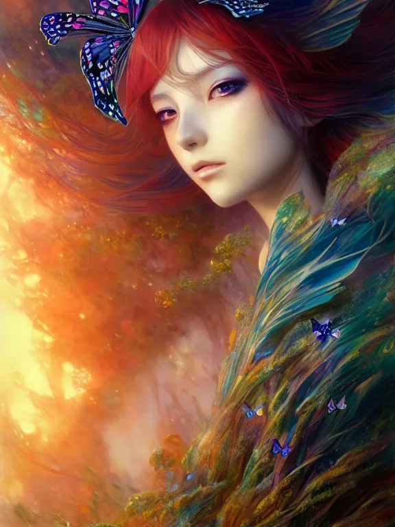 Prompt: ultra detailed illustration of a butterfly anime girl covered in liquid chrome, lost in a dreamy fairy landscape, by Karol Bak, Ruan Jia, Moebius, hiroshi yoshida, Druillet colorful, front view, vivid colors, 8k, coherent, anime vibes, octane render, uplifting, magical composition, artstation