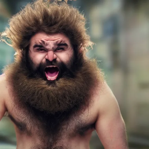 Prompt: A small angry hairy man with wild hair and huge claws. He might be Canadian