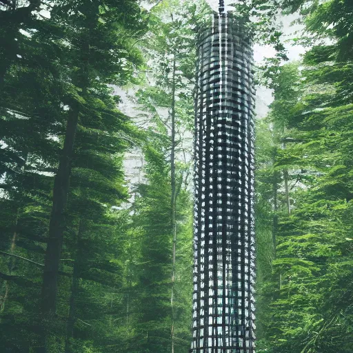 Prompt: a huge futuristic tower in the middle of a calm forest