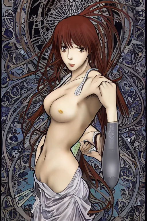 Image similar to Tonemapping Kurisu Makise in the style of Ayami Kojima and Alphonse Mucha