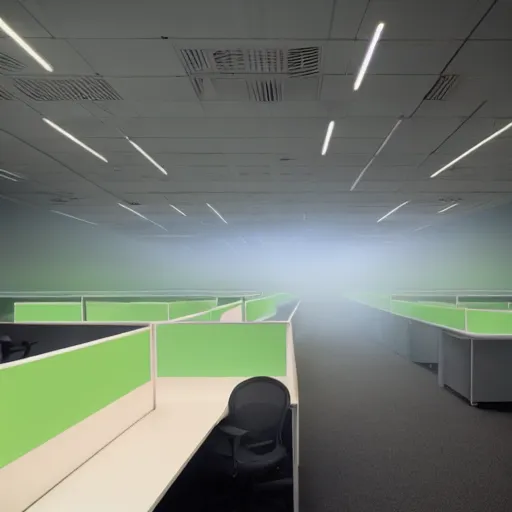 Prompt: Liminal office space, colored lights, fog, scary