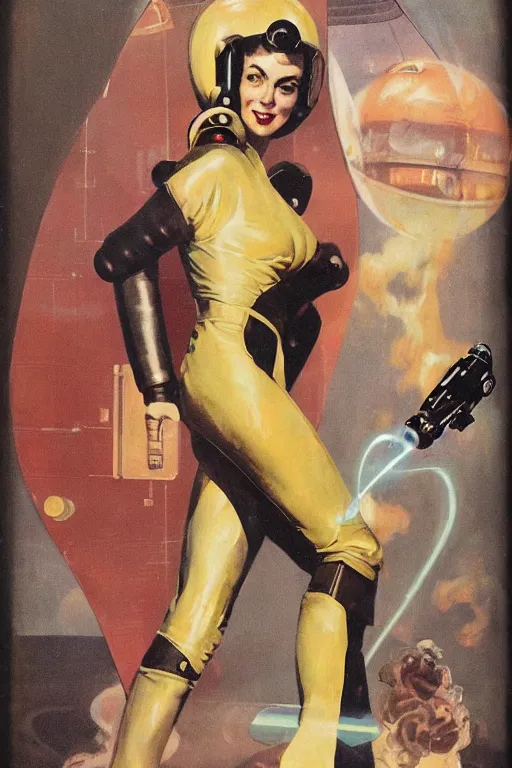 Image similar to 5 0 s pulp scifi fantasy illustration full body portrait slim mature woman in leather spacesuit firing retro ray gun laser beam, by norman rockwell, roberto ferri, daniel gerhartz, edd cartier, jack kirby, howard v brown, ruan jia, tom lovell, frank r paul, jacob collins, dean cornwell, astounding stories, amazing, fantasy, other worlds