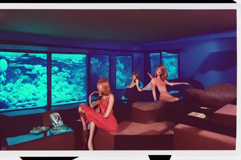 Image similar to first-person view of a vogue female models wearing discowear sitting inside of an unlit lit 1970s underwater chinese convenience star with a soviet computer console on the wall, a suspended fireplace, large semi-translucent windows, lava lamp, an exterior of the deep sea floor with bioluminescent species, ektachrome photograph, volumetric lighting, f8 aperture