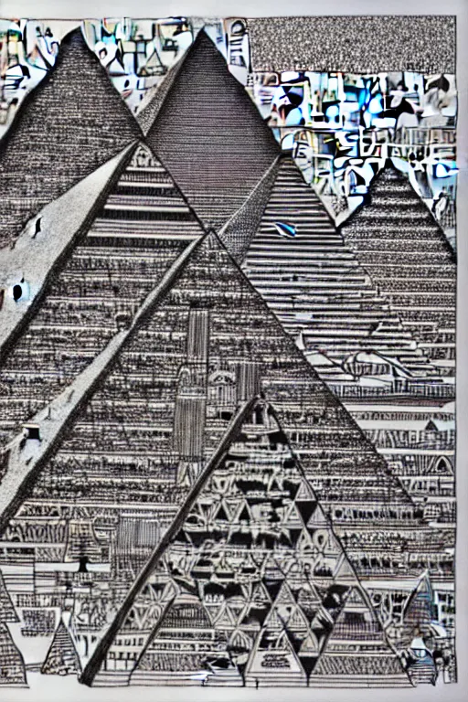 Image similar to a black and white drawing of a egyptian pyramid cityscape, a detailed mixed media collage by hiroki tsukuda and eduardo paolozzi and moebius, intricate linework, sketchbook psychedelic doodle comic drawing, geometric, street art, polycount, deconstructivism, matte drawing, academic art, constructivism