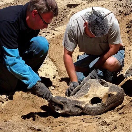 Prompt: “ high resolution photo of archeologists digging up a dragon skull ”