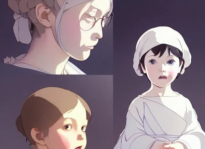 Prompt: 1 8 3 5 florence nightingale as toddler, character face study, faces only, concept art finely detailed perfect art, painted by greg rutkowski makoto shinkai takashi takeuchi studio ghibli, pinterest, cevagraf comics