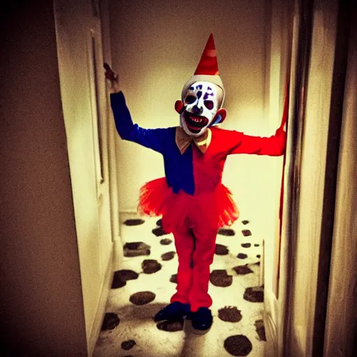 Prompt: creepy clown in your house at night