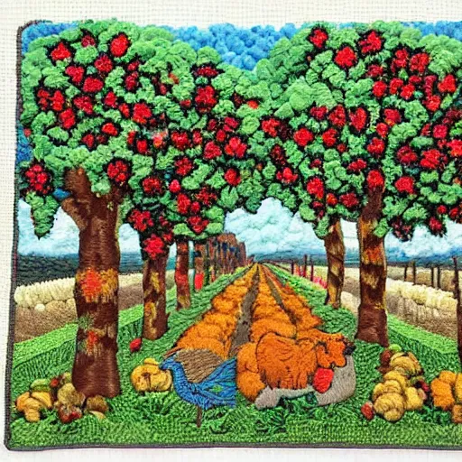 Image similar to A beautiful street art depicting a farm scene. The street art shows a view of an orchard with trees in bloom. appliqué needlework, Hadean by Charles Camoin, by Ed Binkley bleak, earthy
