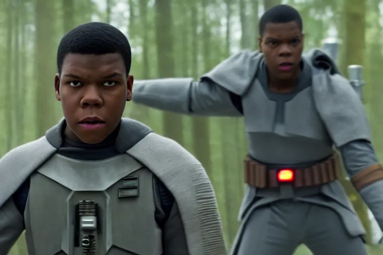 Prompt: Star Wars, Finn played by John Boyega does jedi training with a lightsaber ultra realistic, 4K, movie still, UHD, sharp, detailed, cinematic