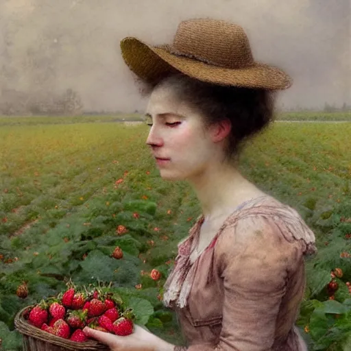 Prompt: ( ( ( ( ( woman on a strawberry field. muted colors. ) ) ) ) ) by jean - baptiste monge!!!!!!!!!!!!!!!!!!!!!!!!!!!