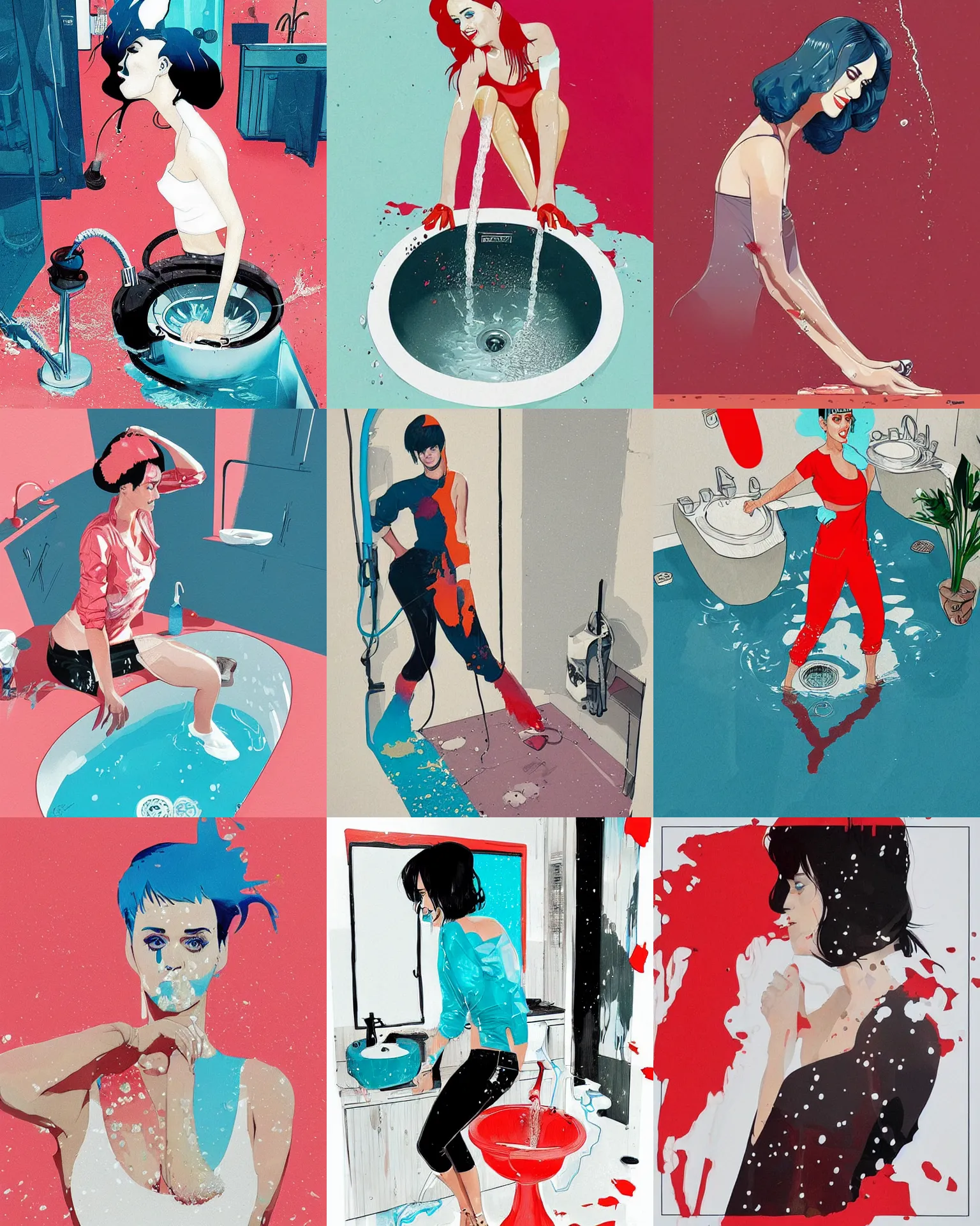 Prompt: katy perry fixing a leaking sink, puddle of water on the floor, by conrad roset