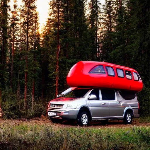 Image similar to a silver metallkc camper in a forest clearing. a long tall pillar of red light raising into the sky in background