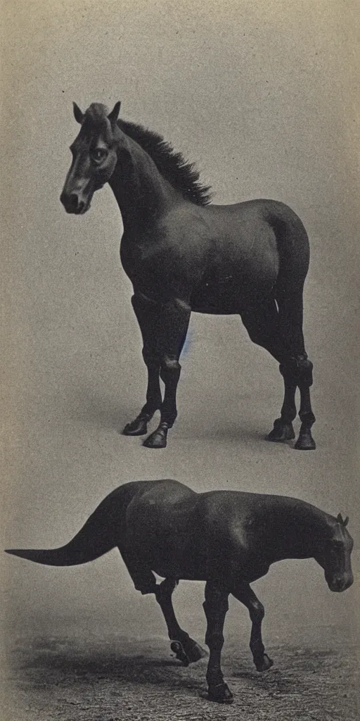 Prompt: [ [ [ [ [ t rex ] ] ] ] ] and a horse with leg, walk, soft, black and white, photograph, 1 8 5 0 s