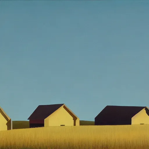 Image similar to dreaming futuristic rural landscape with modern houses, painted by Alex Katz and Edward Hopper, airbrush, highly detailed