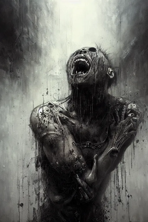 Prompt: a portrait of a screaming soul, inner demons, giger, detailed, organic, darkart, dark, intricate detail, epic, atmospheric dramatic lighting, mist, grey, expressive, by jeremy mann