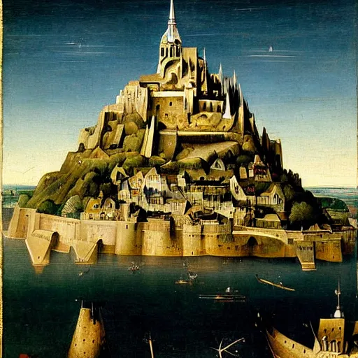 Image similar to Stunning and highly detailed painting of Mount Saint-Michel by Hieronymus Bosch