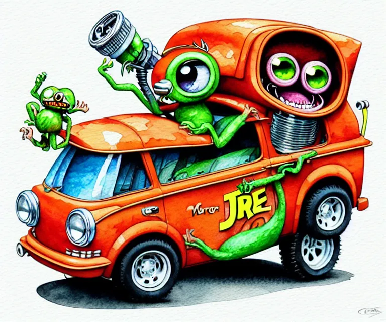 Image similar to cute and funny, tarsier driving a tiny hot rod morris j - type van with an oversized engine, ratfink style by ed roth, centered award winning watercolor pen illustration, isometric illustration by chihiro iwasaki, edited by craola, tiny details by artgerm and watercolor girl, symmetrically isometrically centered