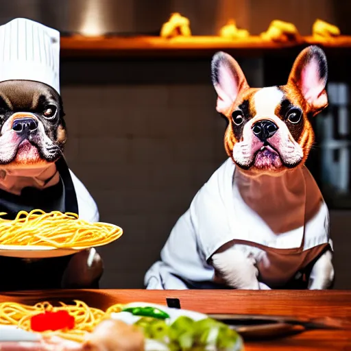 Prompt: a 8k highly detailed still photo by David Bailey of Two multi-colored French Bulldogs in chef hats and aprons starring on a cooking show, a plate of spaghetti is prepared, a high end restaurant kitchen in the background, bokeh