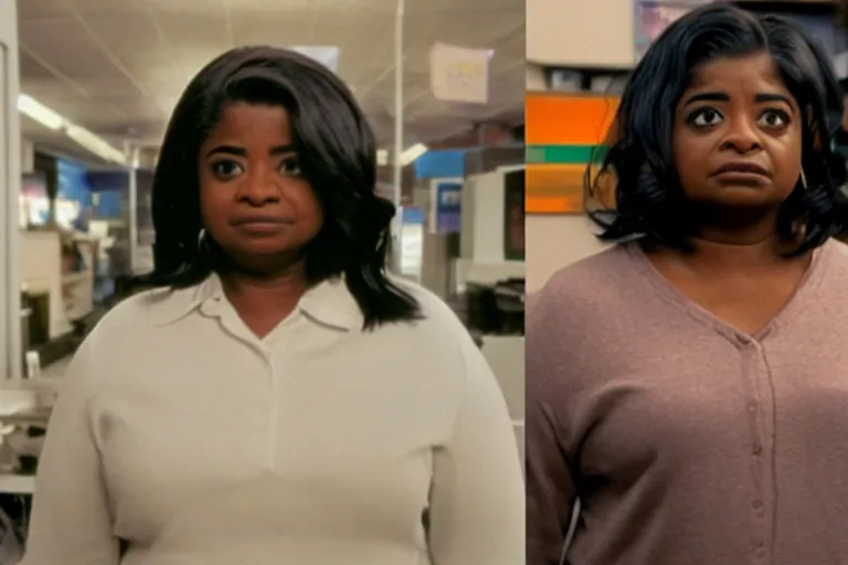 Prompt: cinematic screenshot of octavia spencer in a used electronics store standing in front of an old keyboard, iconic scene from the paranoid sci fi thriller film directed by pt anderson, apartment set in the near future, cinematic shot with anamorphic lenses, color theory, apartment design, leading lines, photorealistic, volumetric lighting, 2 0 2 2 4 k film