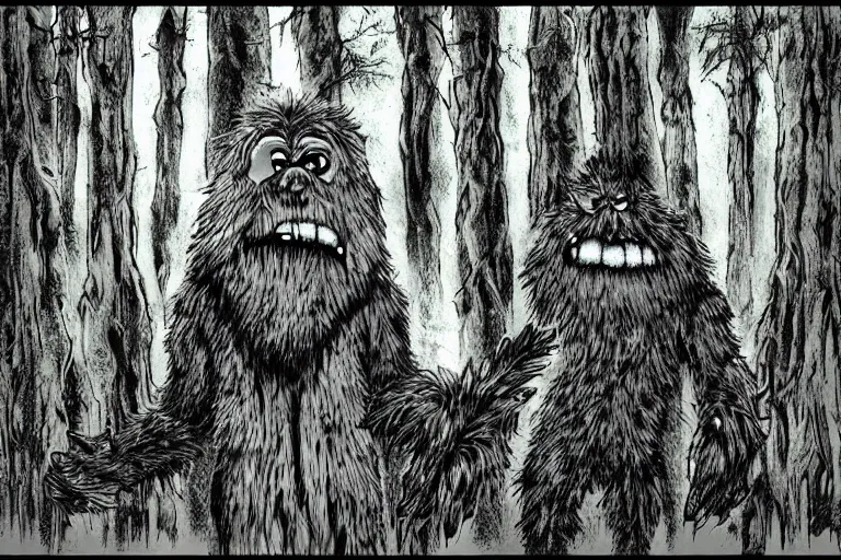 Image similar to mad bigfoot screaming in the woods artwork by ben templesmith