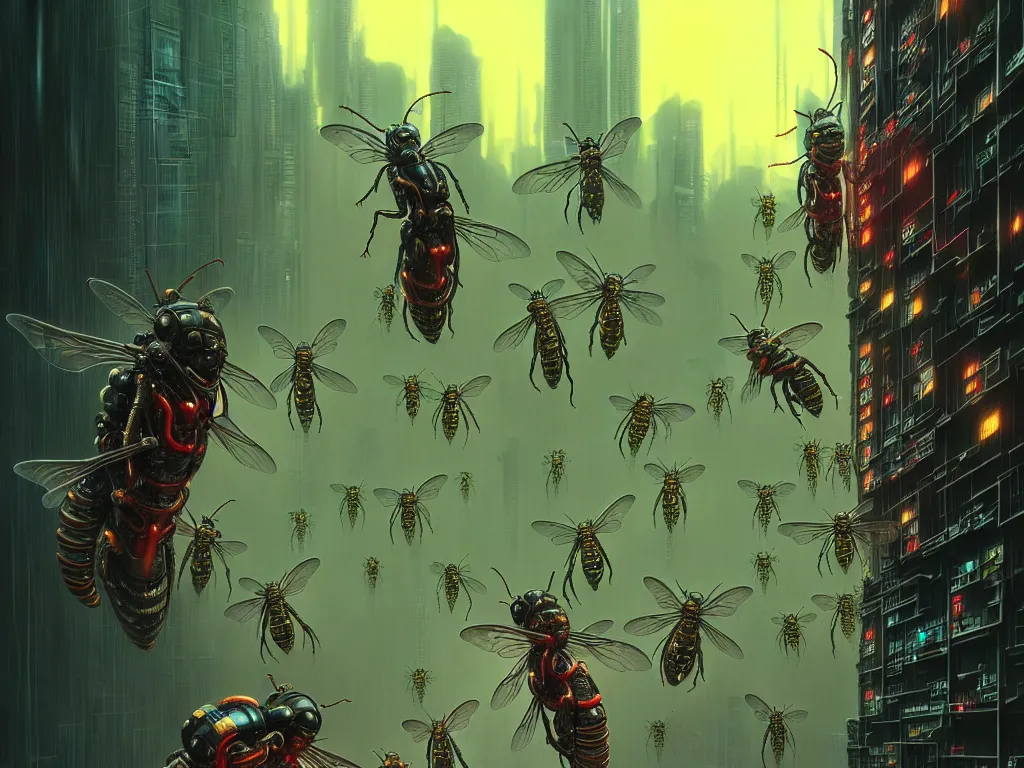 Image similar to cybernetic wasp colony, dripping with nectar, kowloon cyberpunk, by artgerm and kincaid and rutkowski and beksinski and giger, trending on artstation, octane render