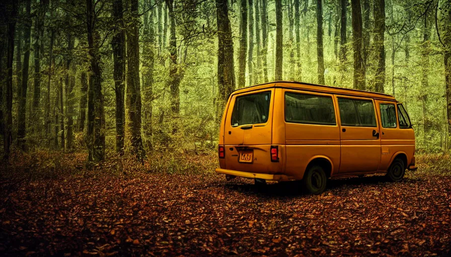 Image similar to Scooby van in a scary forest, 4k photography award winning,