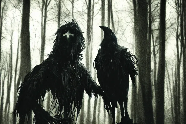 Image similar to werecreature consisting of a crow and a human, photograph captured in a dark forest